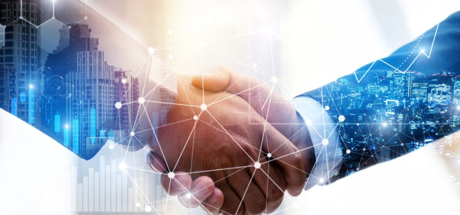 Business Partnership. business man investor handshake with effect global network link connection and graph chart of stock market graphic diagram, digital technology, internet and partnership concept